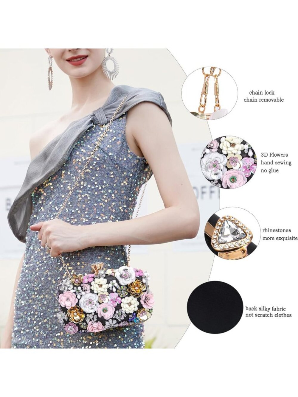 Women's Black Floral Beaded Chain Strap Party Prom Clutch Purse Evening Bag - Picture 5 of 7